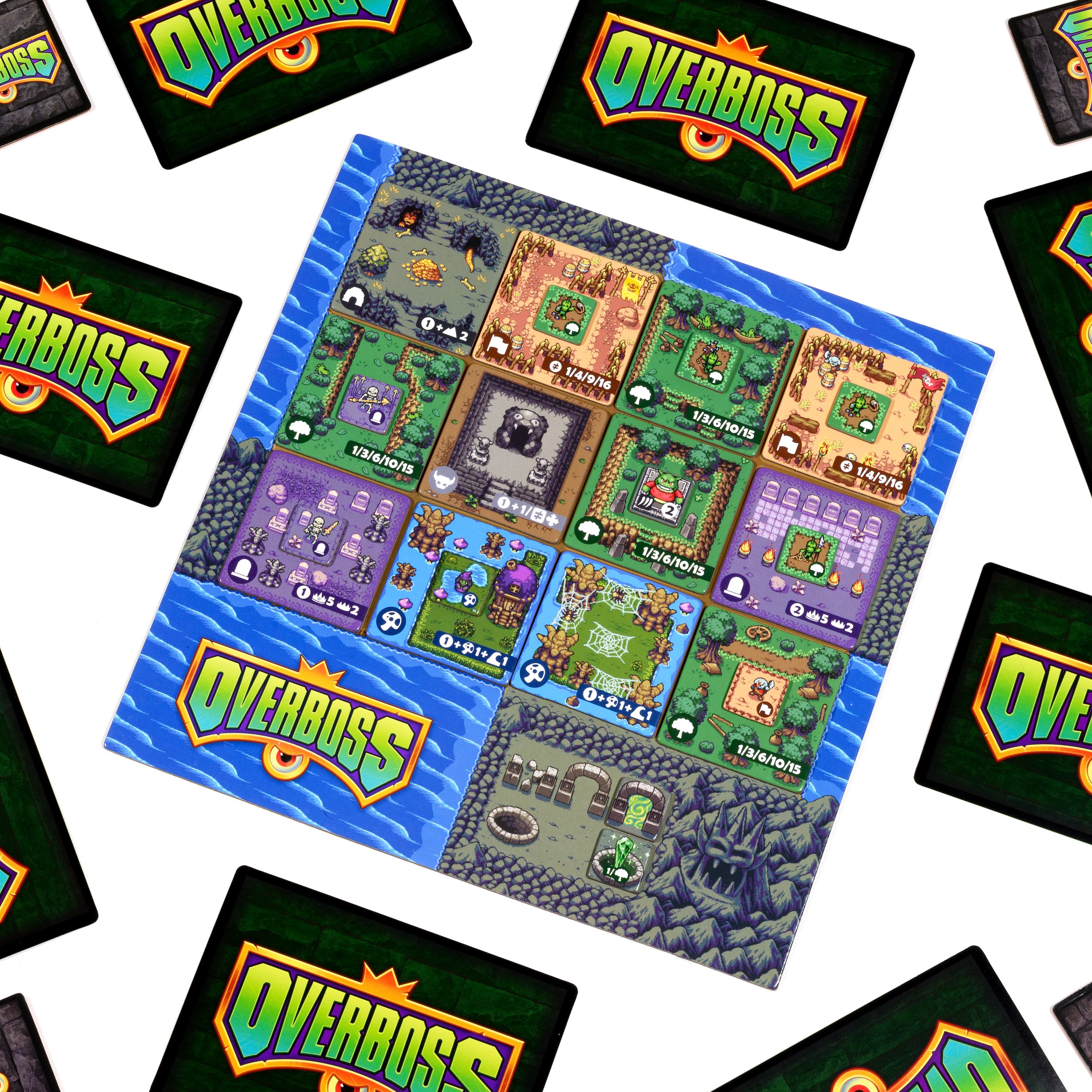 Overboss Player Board filled with Terrain Tiles