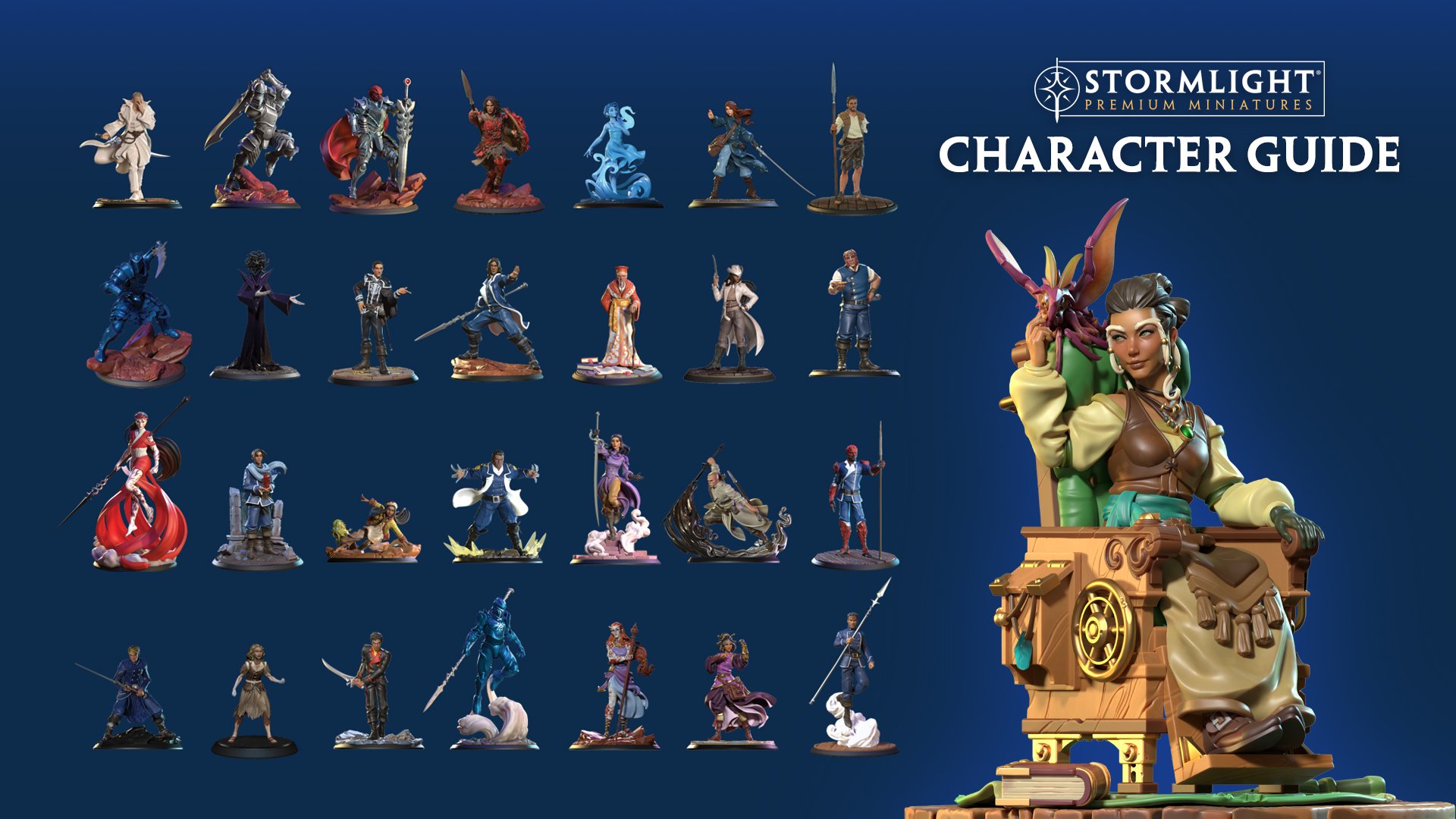 Stormlight Premium Miniatures Character Guide: Color 3D renders of 29 characters from the Stormlight miniatures line