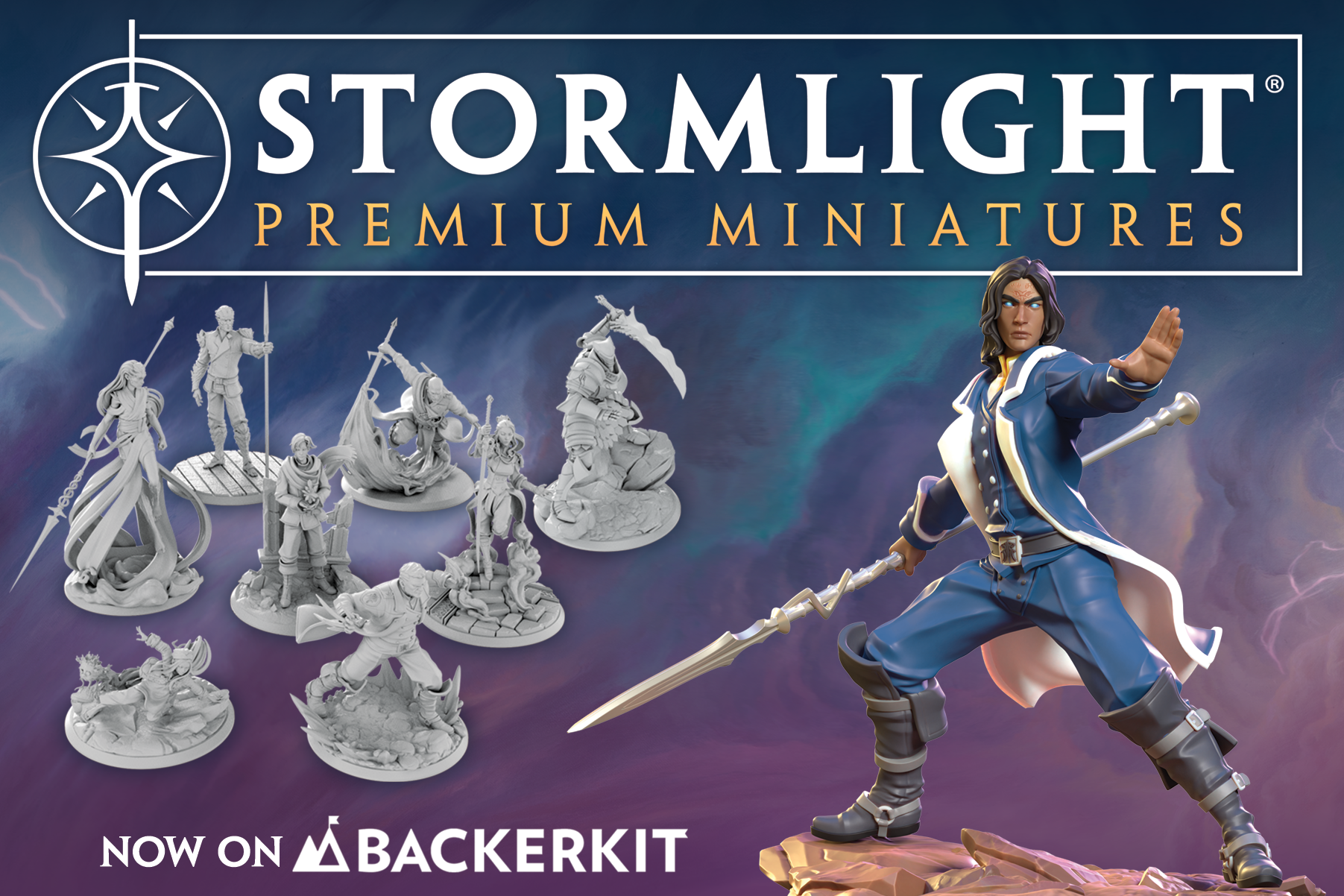 Stormlight Premium Miniatures logo with image of painted Kaladin Figurine and unpainted miniatures, with the subtitle Now on BackerKit