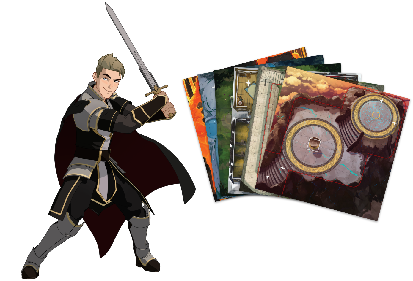 Soren artwork and maps from The Dragon Prince Battlecharged fanned out next to him